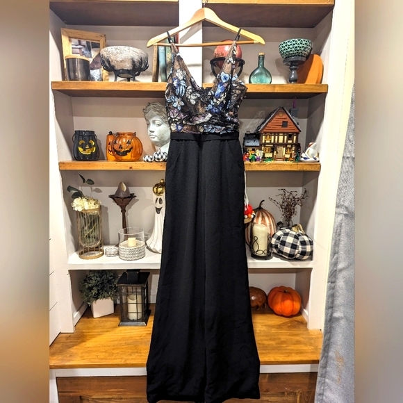 Dress The Population Women's Black Sequin V Neck Jumpsuit Size Medium